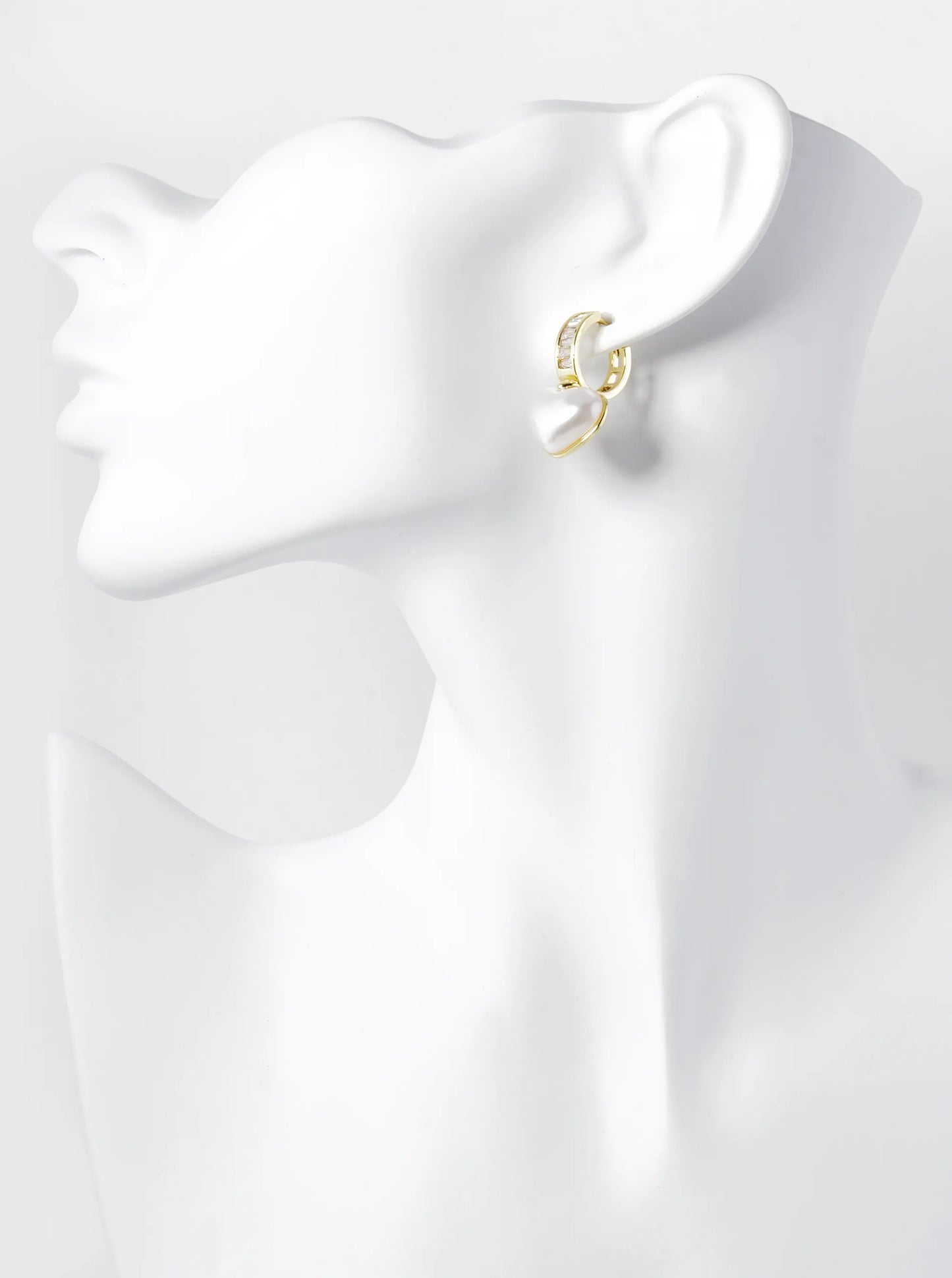 14K Gold Dipped Pearl Heart Drop 13mm Baguette Cubic Zirconia Huggie Hoop Earrings