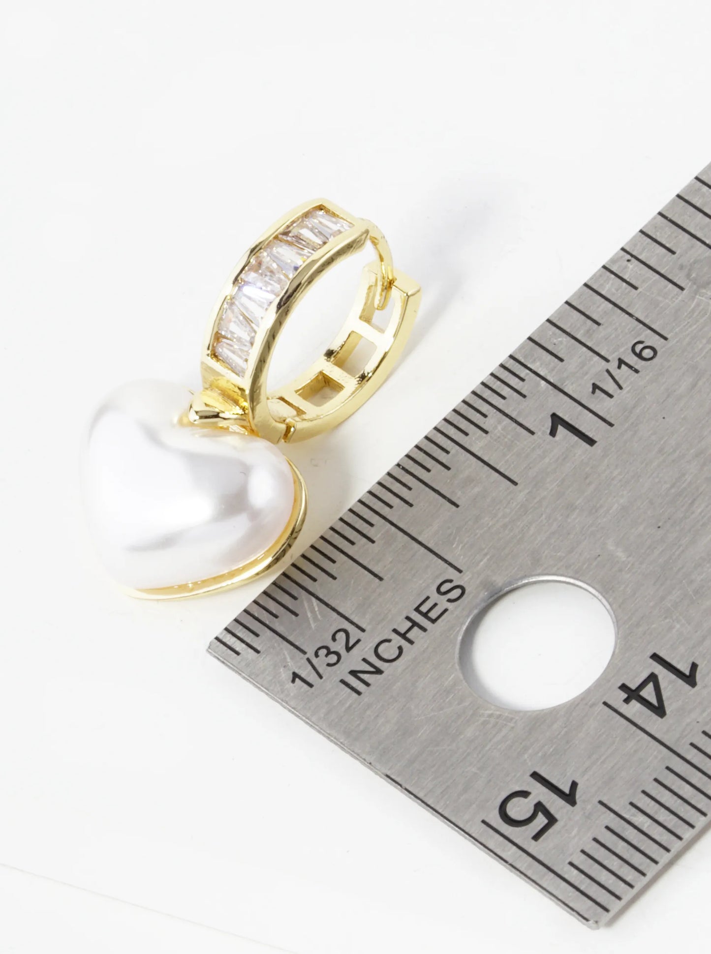14K Gold Dipped Pearl Heart Drop 13mm Baguette Cubic Zirconia Huggie Hoop Earrings