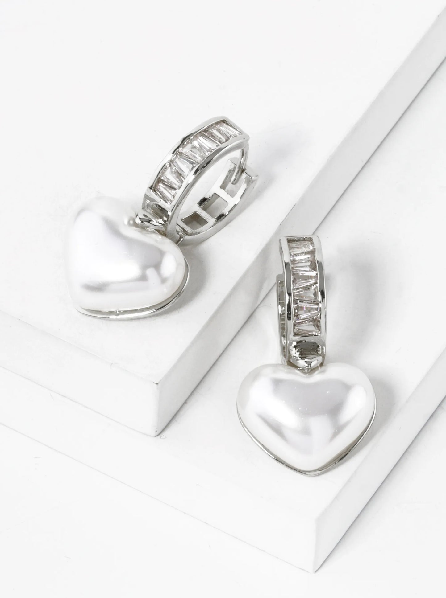 14K Gold Dipped Pearl Heart Drop 13mm Baguette Cubic Zirconia Huggie Hoop Earrings