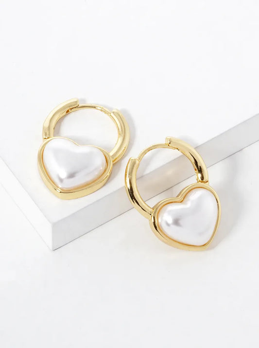 14K Gold Dipped Pearl Heart Huggie Hoop Earrings