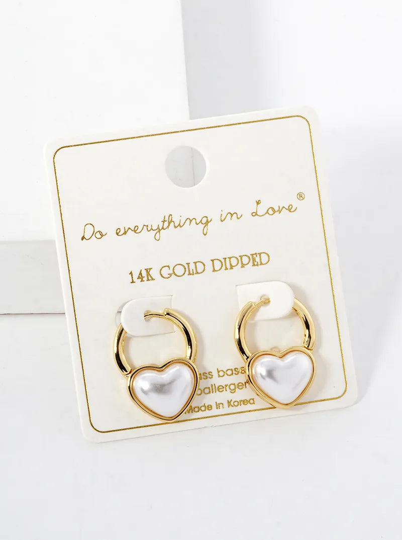 14K Gold Dipped Pearl Heart Huggie Hoop Earrings