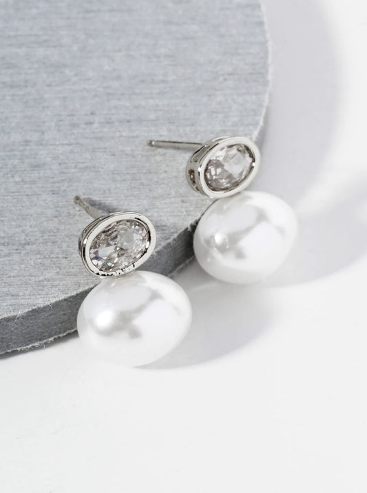 14K Gold Dipped Pearl And CZ Stone Double Oval Drop Earrings