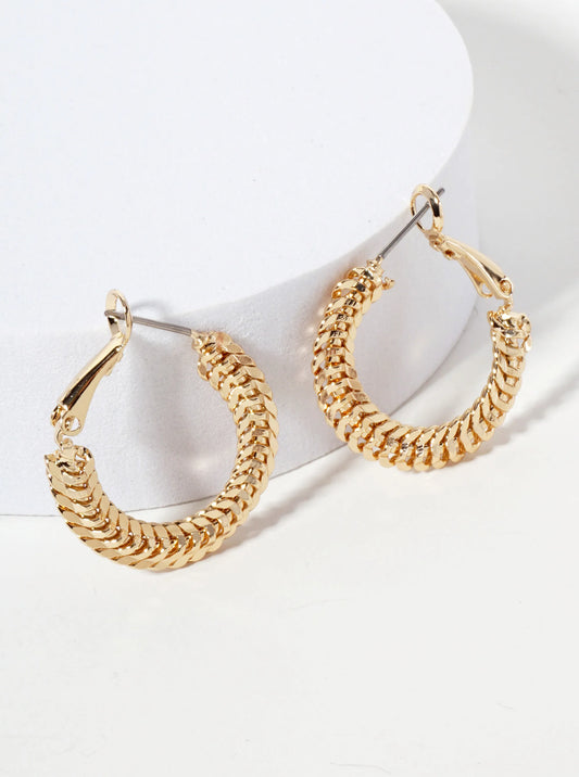 14K-Gold-Dipped Polished 25mm Chain-design Latch-Back Hoop Earrings
