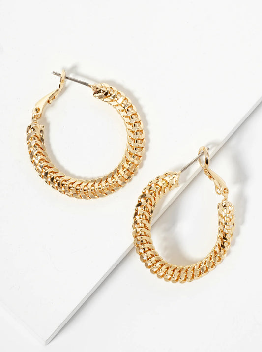 14K-Gold-Dipped Polished 30mm Chain Design Latch-Back Hoop Earrings