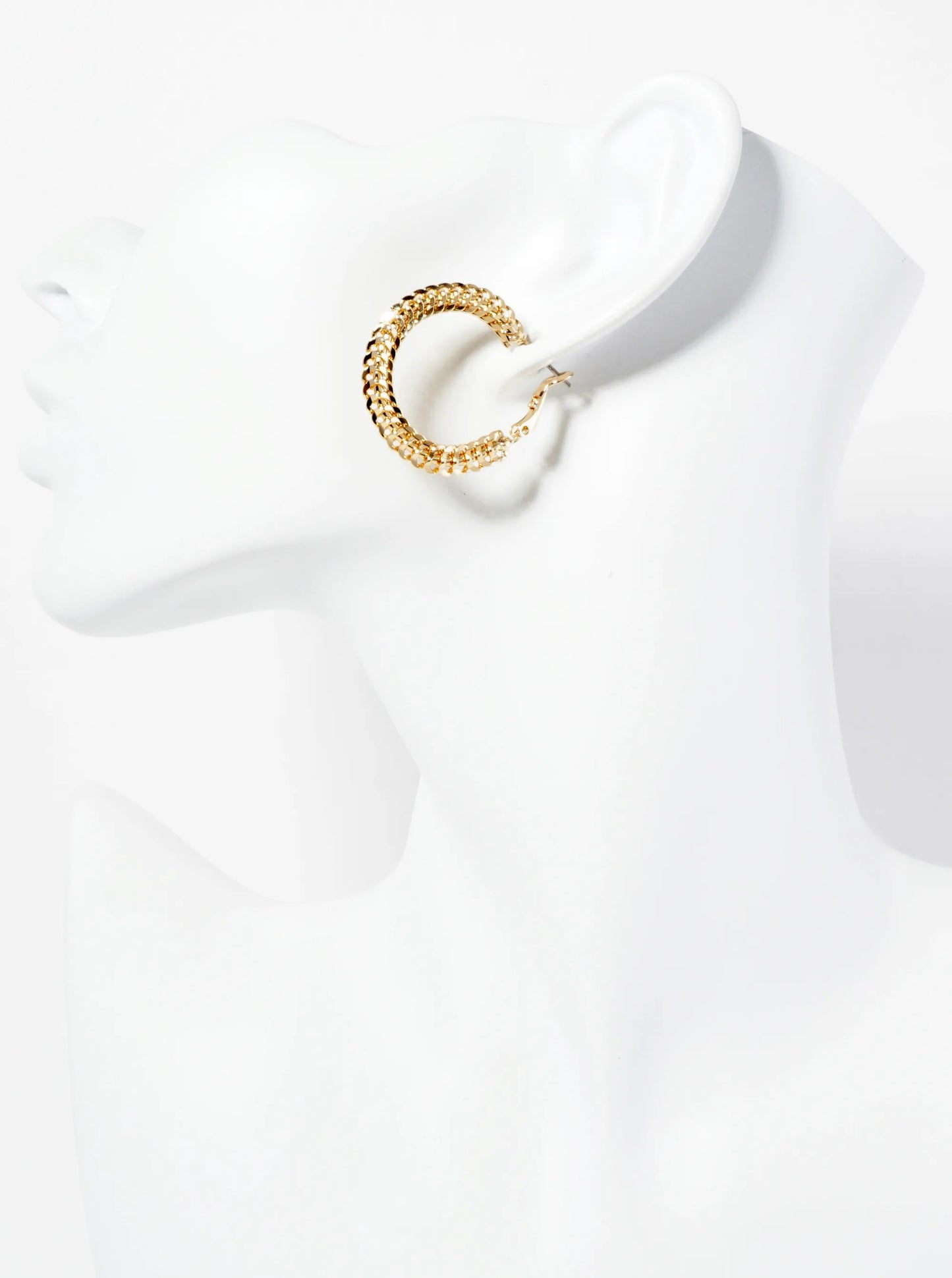 14K-Gold-Dipped Polished 30mm Chain Design Latch-Back Hoop Earrings
