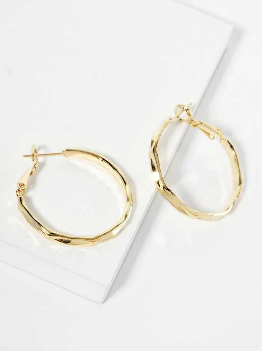 14K-Gold-Dipped Polished 30mm Faceted Texture Latch-Back Hoop Earrings