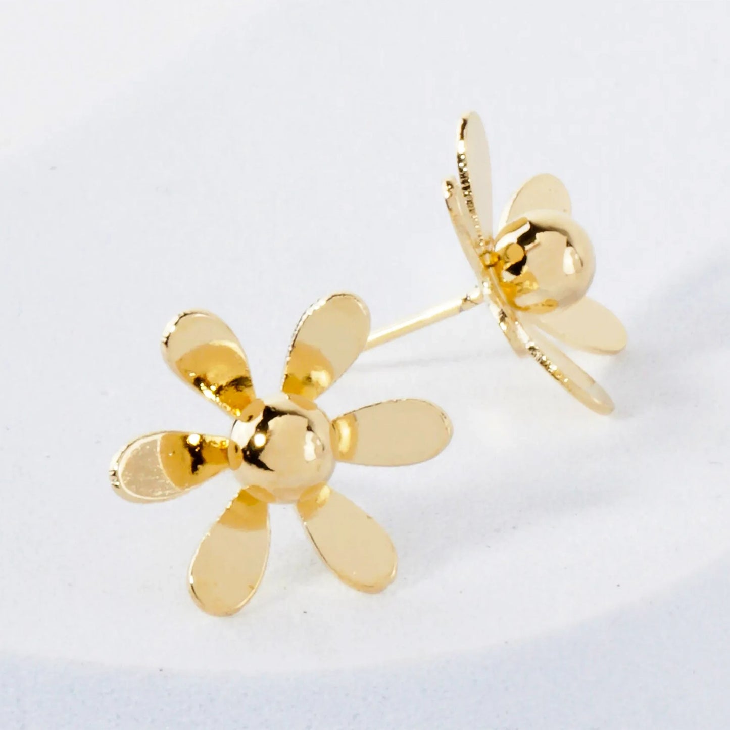 14K-Gold-Dipped Polished Brass 3D Flower Button Stud Earrings