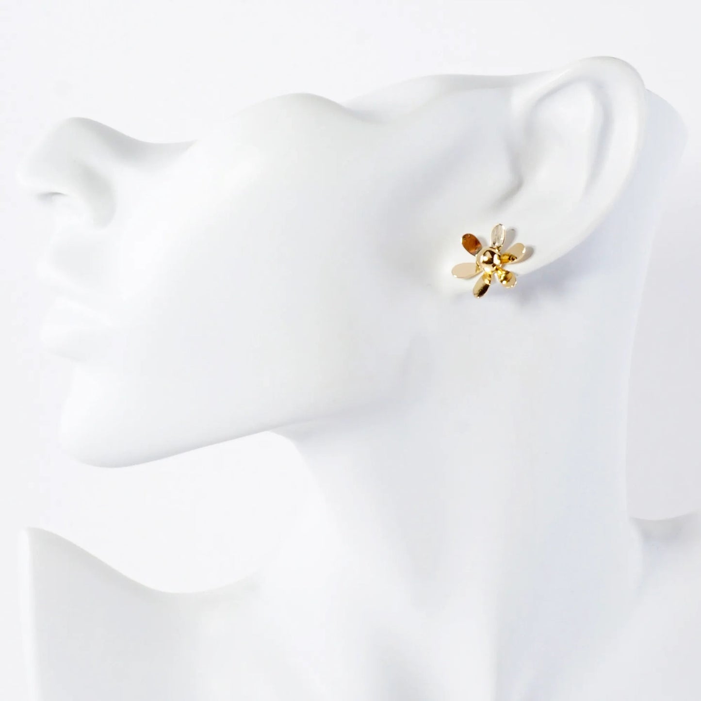 14K-Gold-Dipped Polished Brass 3D Flower Button Stud Earrings