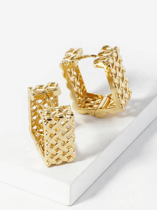 14K Gold Dipped Rectangle Shape Woven Huggie Hoop Earrings