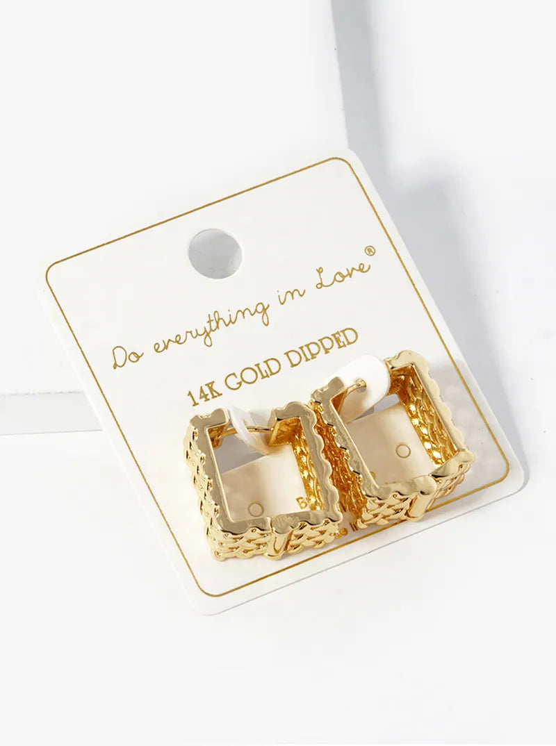 14K Gold Dipped Rectangle Shape Woven Huggie Hoop Earrings