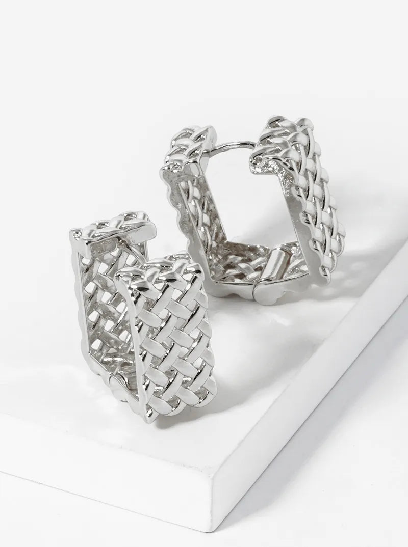 14K Gold Dipped Rectangle Shape Woven Huggie Hoop Earrings