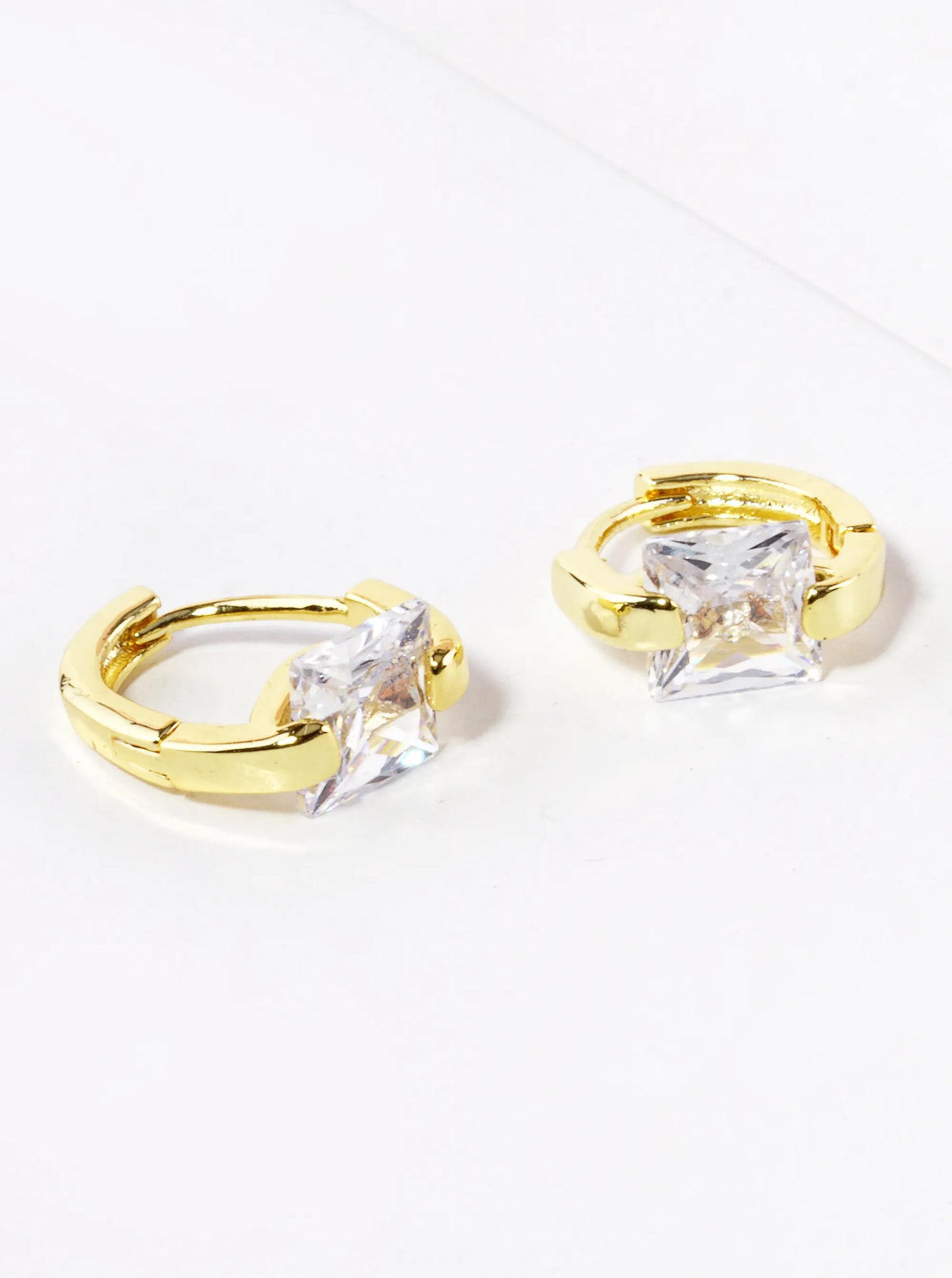 14K Gold Dipped Square CZ Stone 10mm Huggie Hoop Earrings