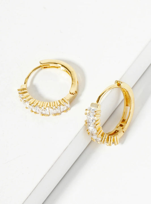 14K-Gold-Dipped Square Shape Cubic-Zirconia 13mm Huggie Hoop Earrings