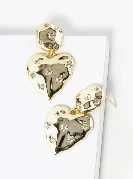 14K Gold Dipped Star Shape CZ Pave Hammered Heart Drop Earrings