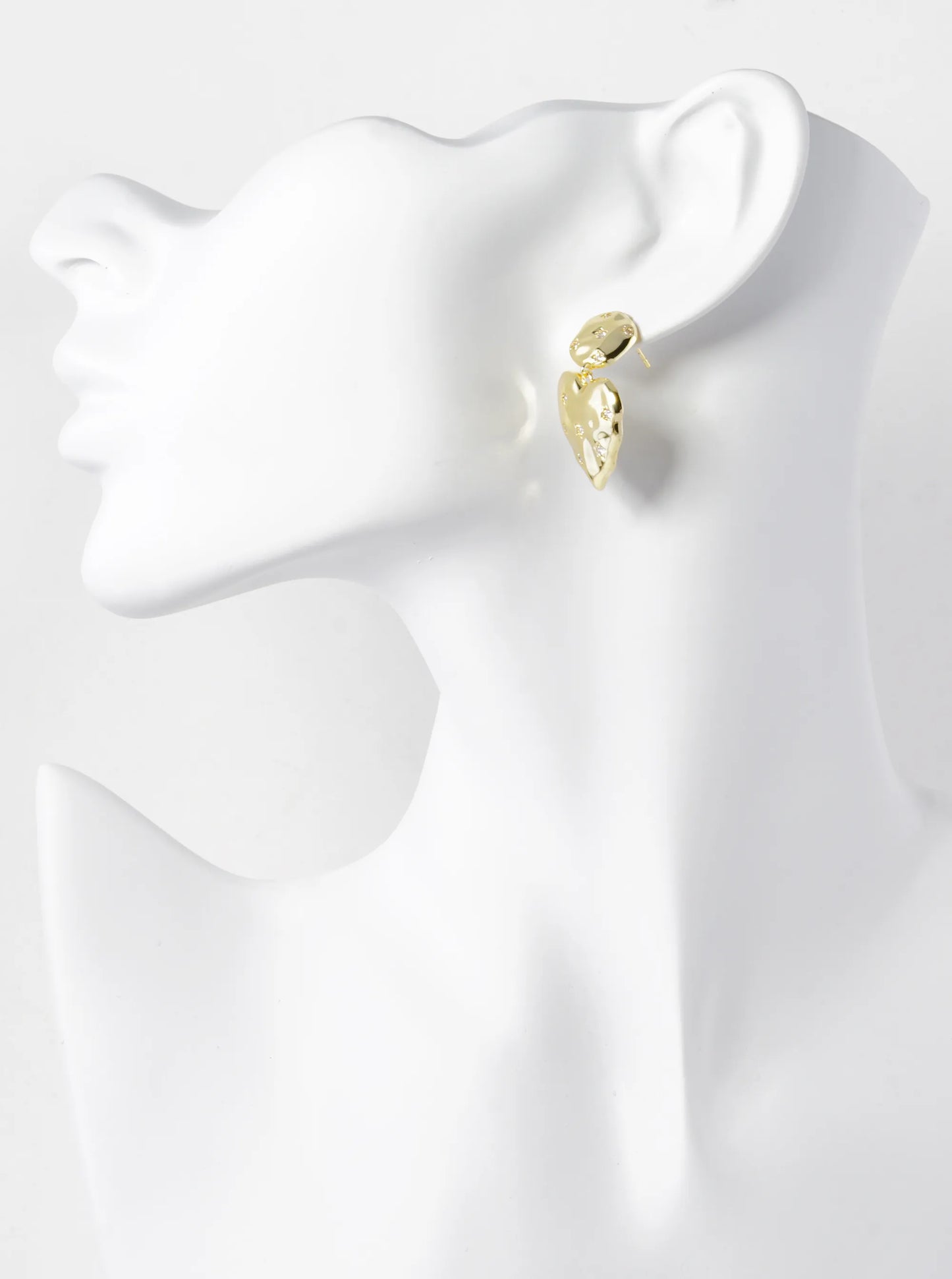 14K Gold Dipped Star Shape CZ Pave Hammered Heart Drop Earrings