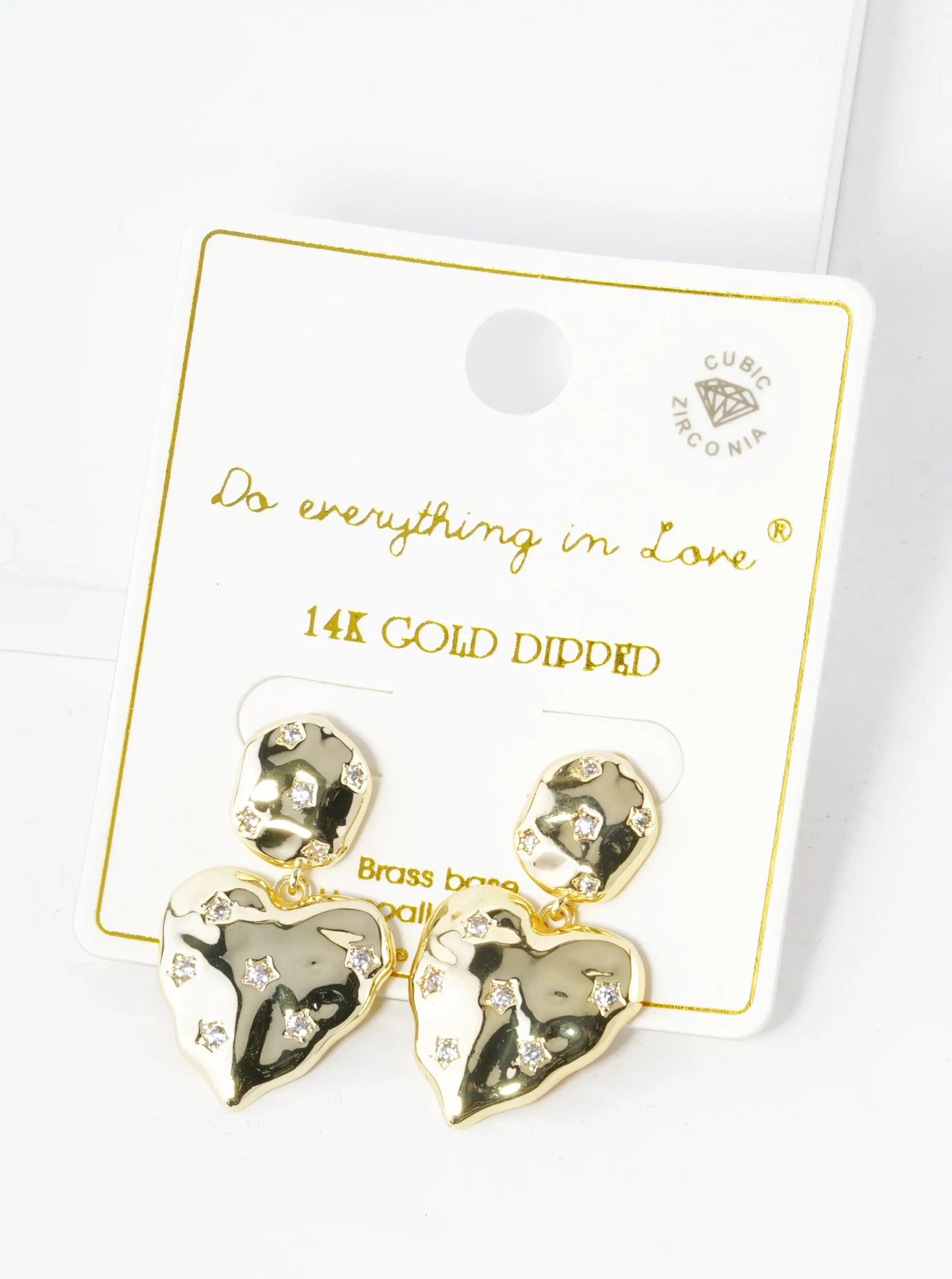 14K Gold Dipped Star Shape CZ Pave Hammered Heart Drop Earrings