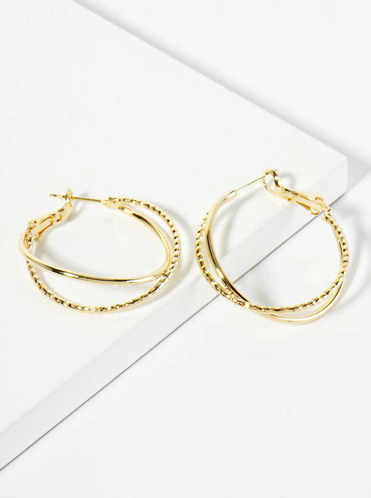 14K-Gold-Dipped Textured 30mm Crossover Latch-Back Hoop Earrings
