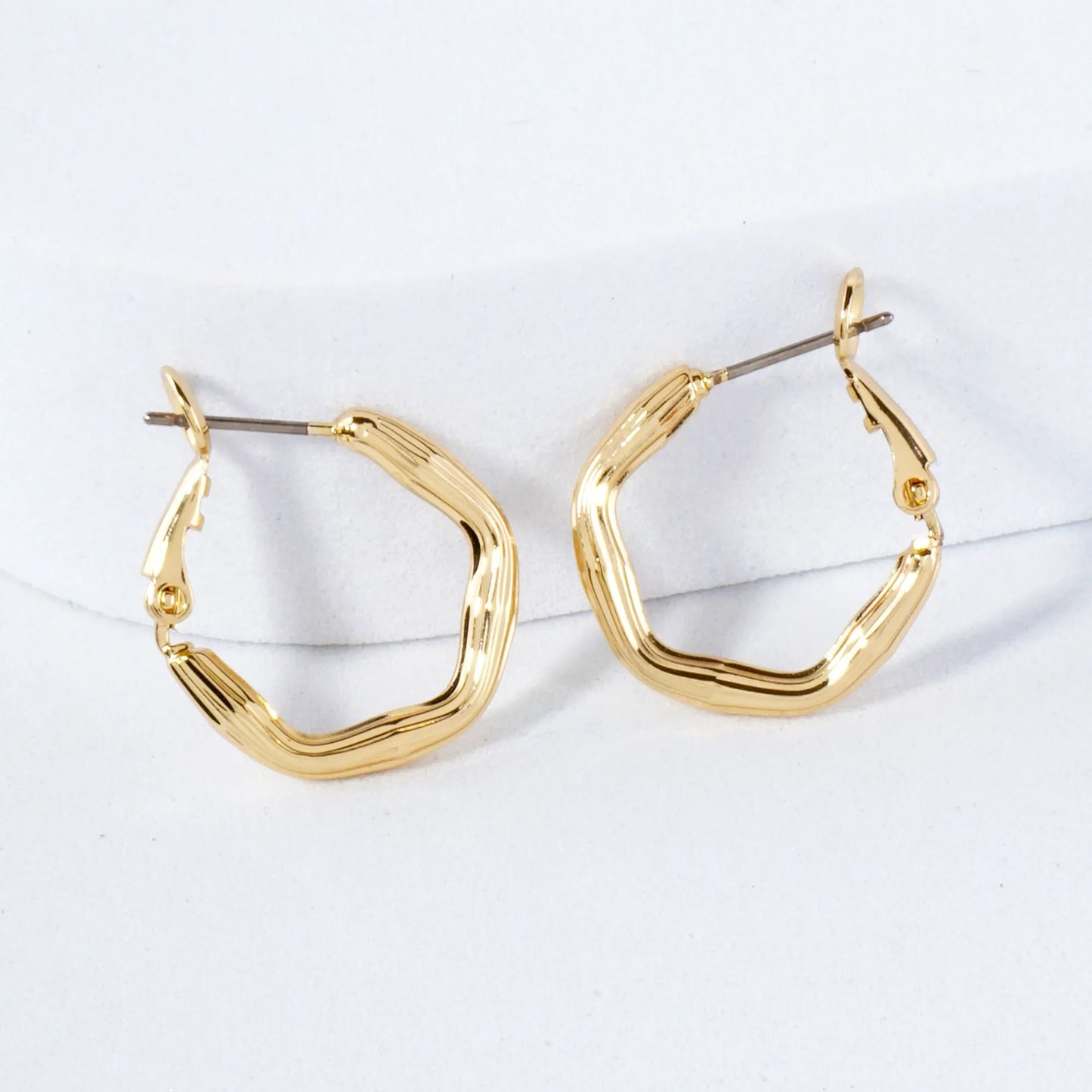 14K-Gold-Dipped Textured Brass Hexagon 20mm Omega-Back Hoop Earrings