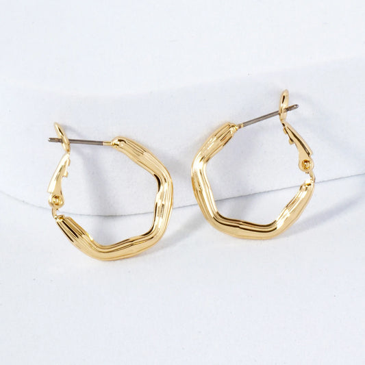 14K-Gold-Dipped Textured Brass Hexagon 20mm Omega-Back Hoop Earrings
