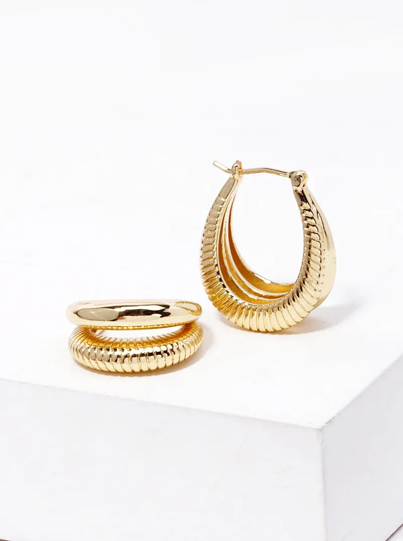 14K Gold Dipped Textured Metal Double Hinged Hoop Earrings