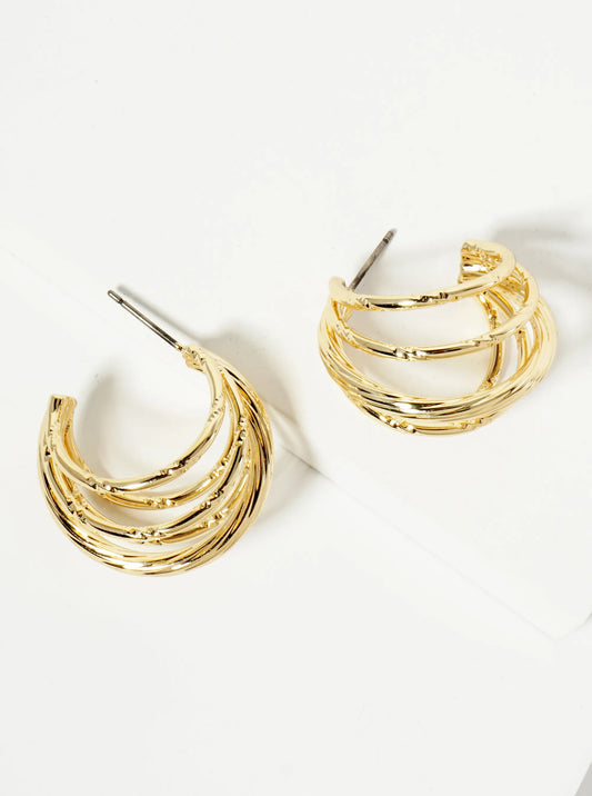 14K-Gold-Dipped Textured Multi-Layer 25mm Open Hoop Earrings