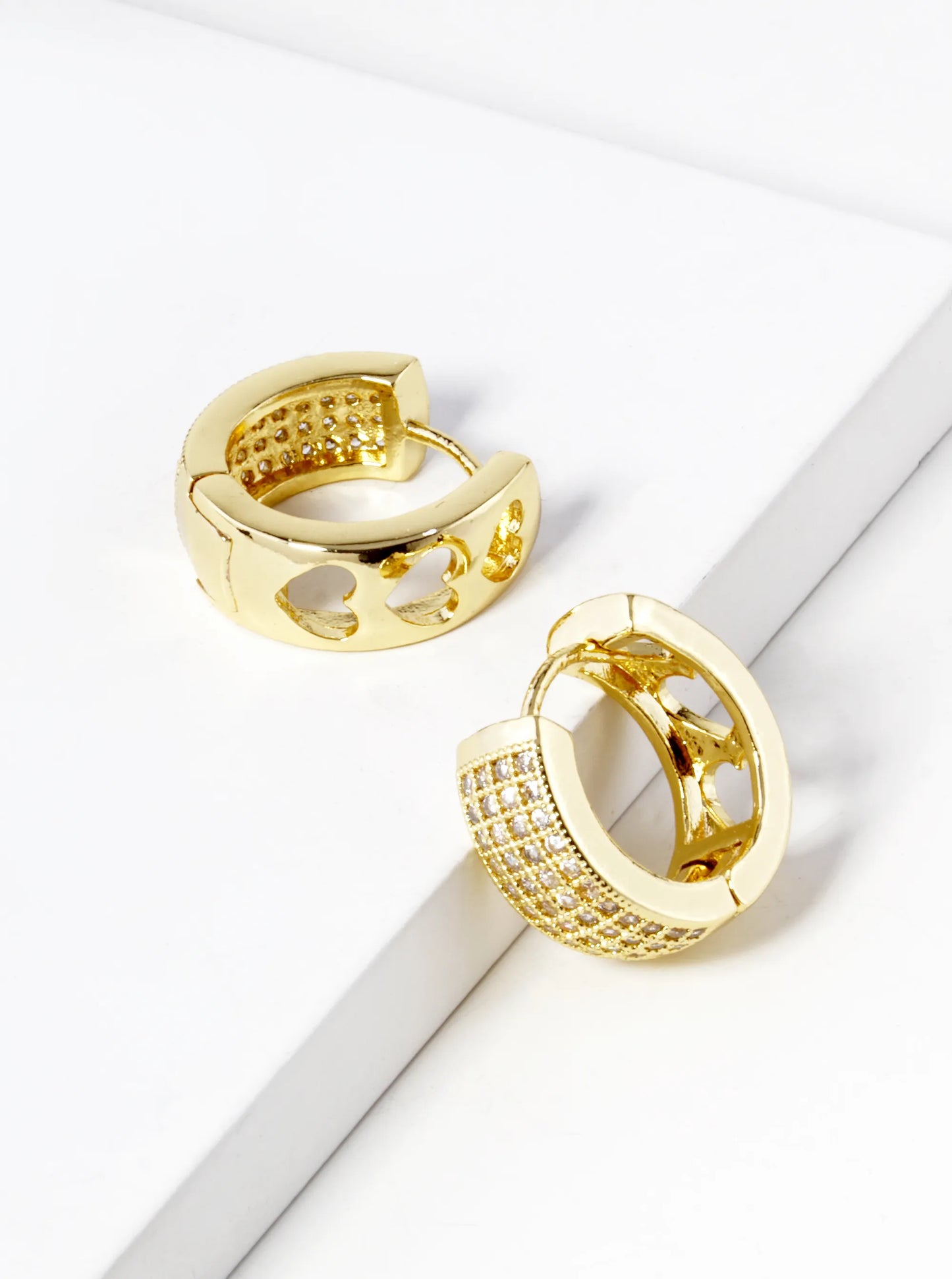 14K Gold Dipped Three Heart Cutout CZ Pave 15mm Huggie Hoop Earrings