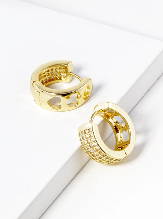 14K Gold Dipped Three Heart Cutout CZ Pave 15mm Huggie Hoop Earrings