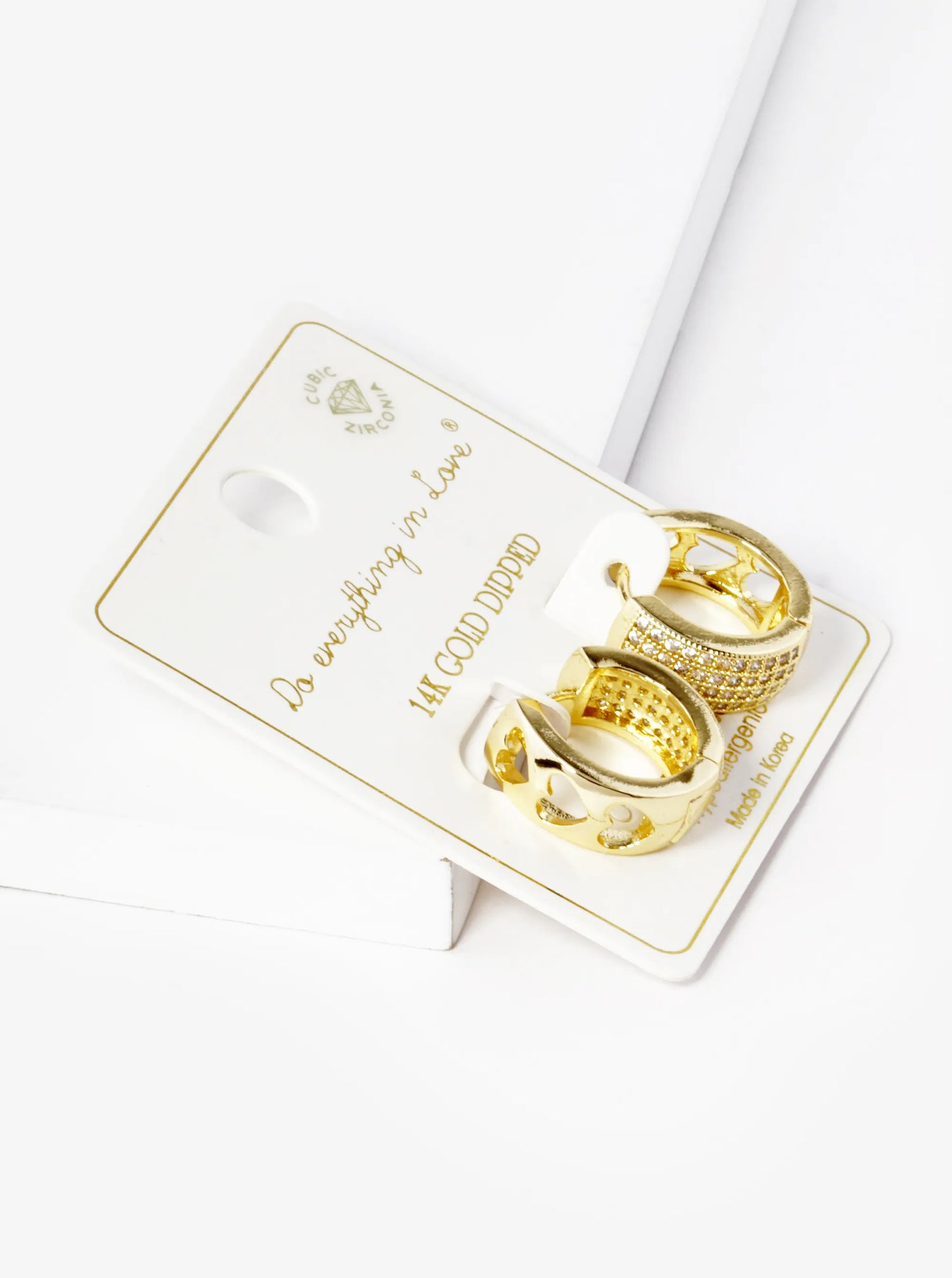 14K Gold Dipped Three Heart Cutout CZ Pave 15mm Huggie Hoop Earrings