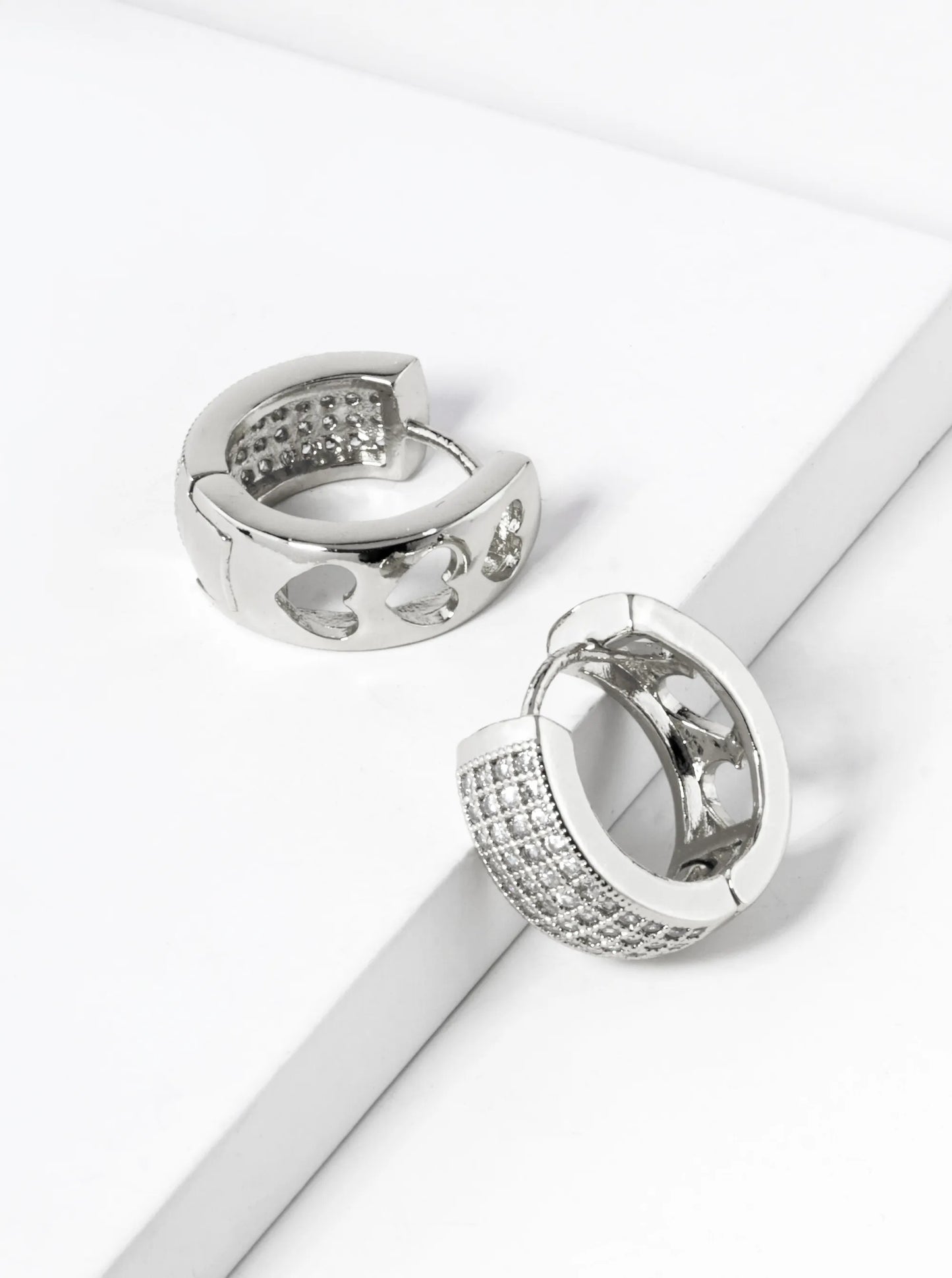 14K Gold Dipped Three Heart Cutout CZ Pave 15mm Huggie Hoop Earrings