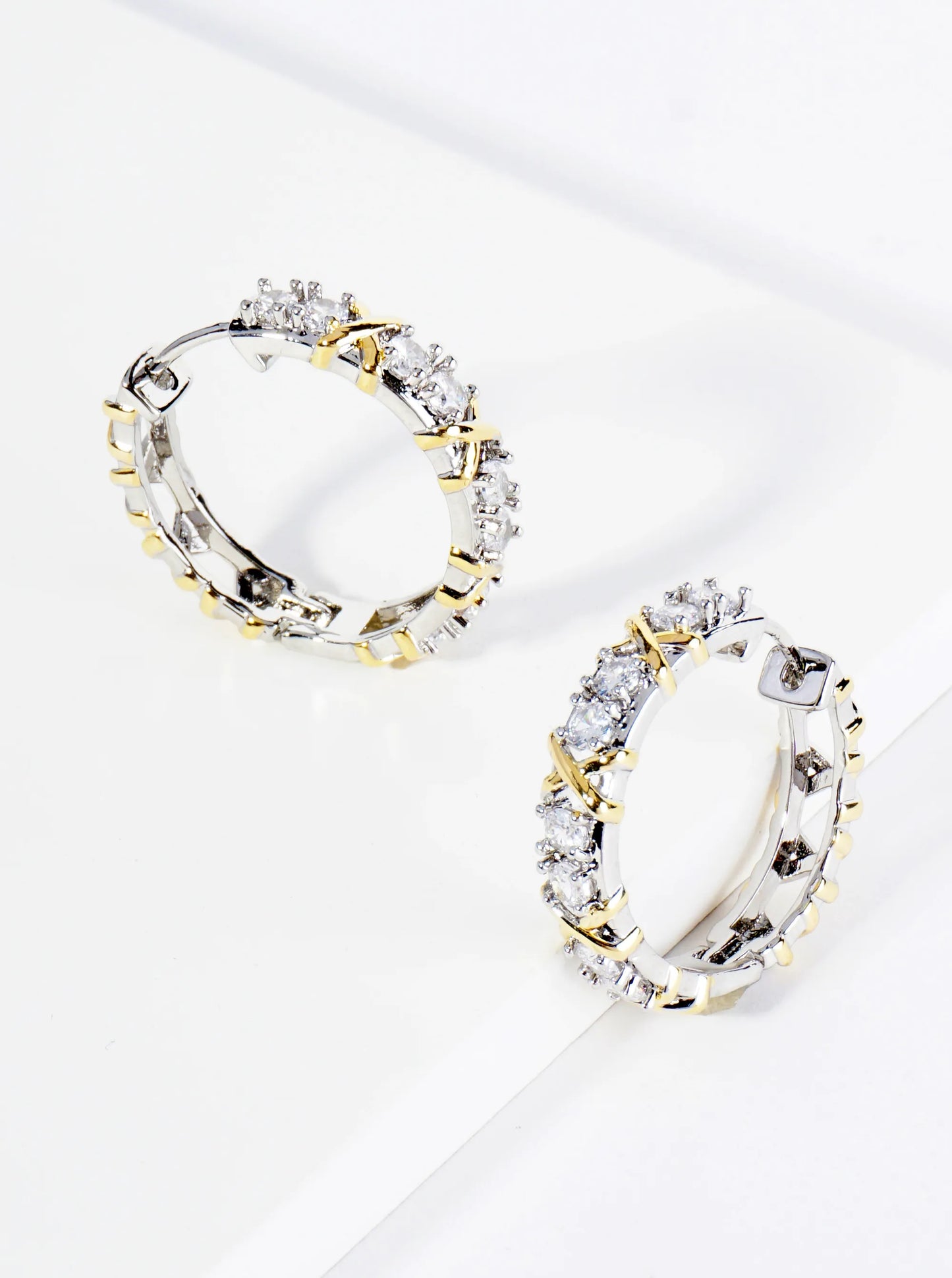 14K Gold Dipped Two-Tone Crossover Cubic Zirconia 25mm Hoop Earrings