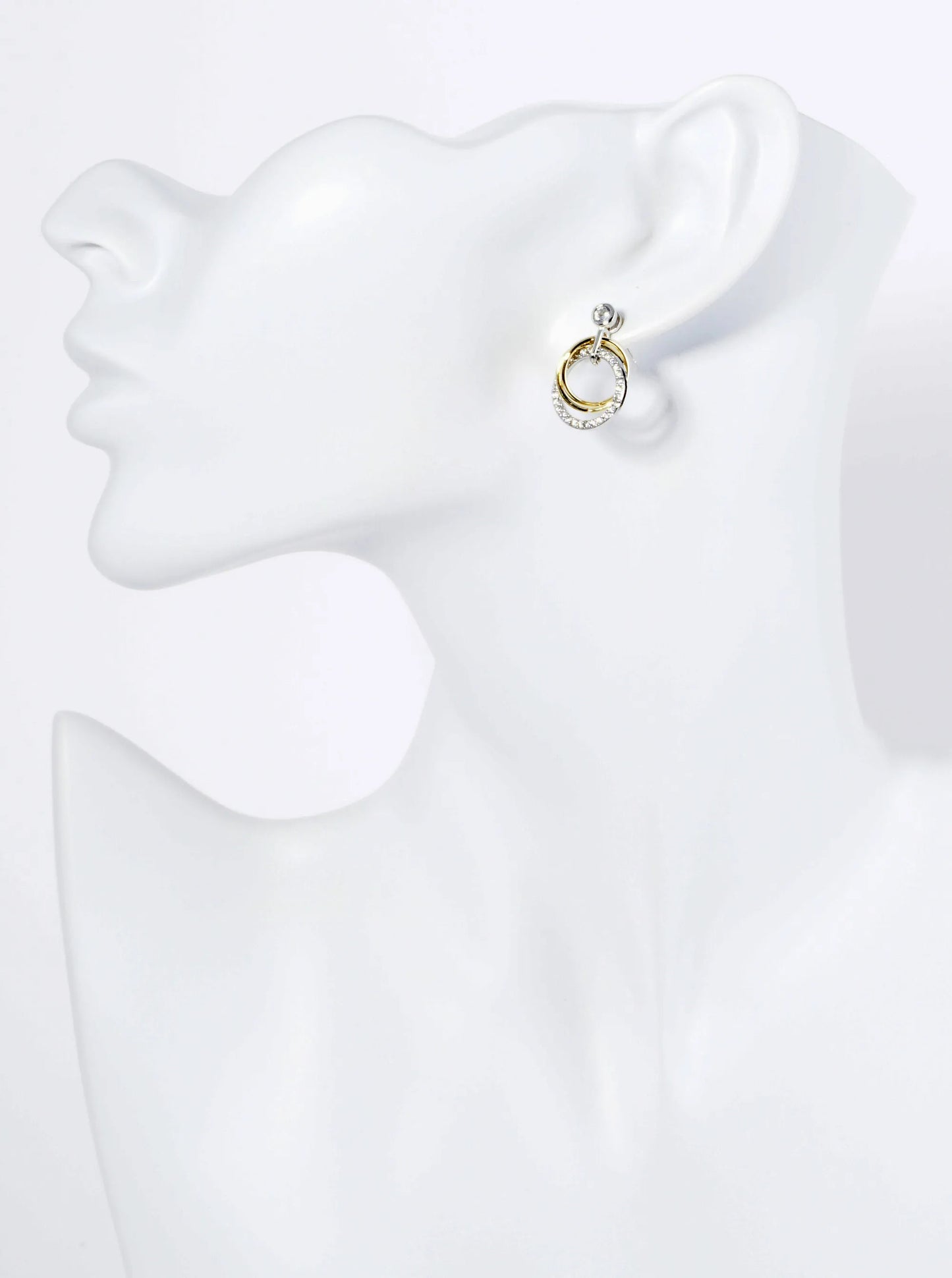 14K Gold Dipped Two-Tone Pave Set CZ Interlocking Circles Drop Post Earrings