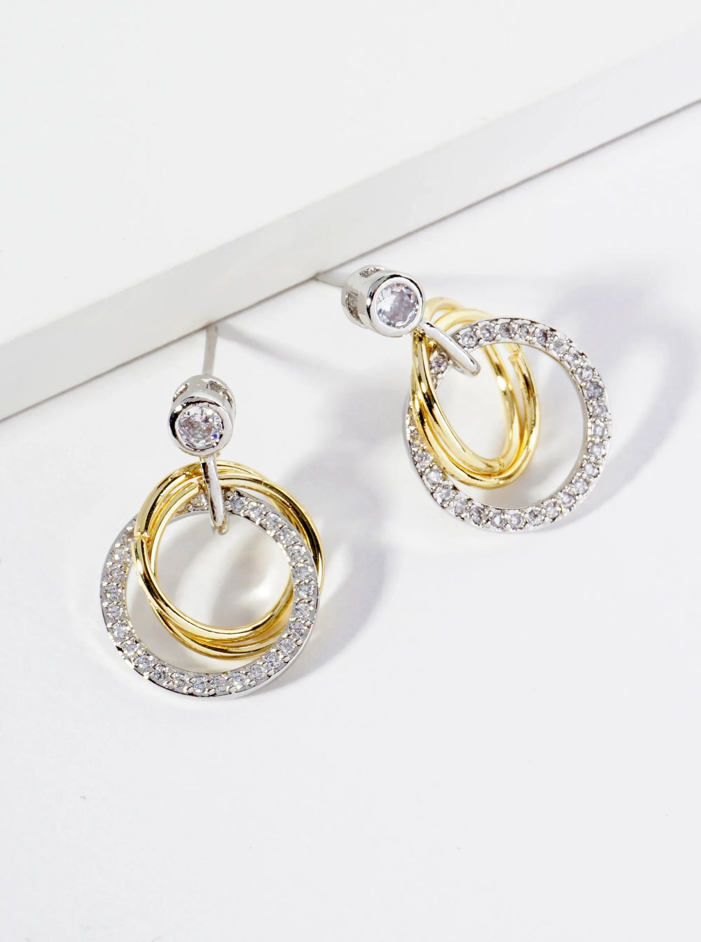 14K Gold Dipped Two-Tone Pave Set CZ Interlocking Circles Drop Post Earrings