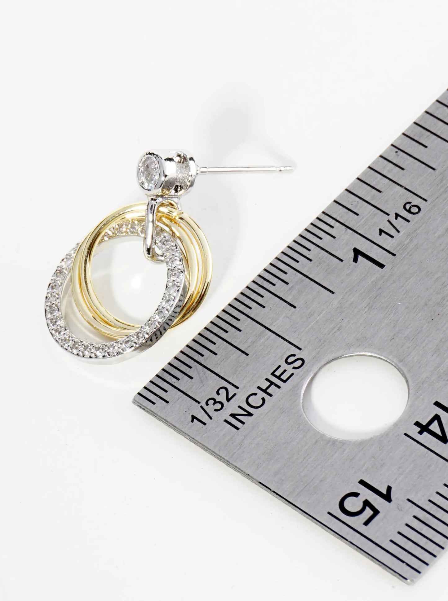 14K Gold Dipped Two-Tone Pave Set CZ Interlocking Circles Drop Post Earrings