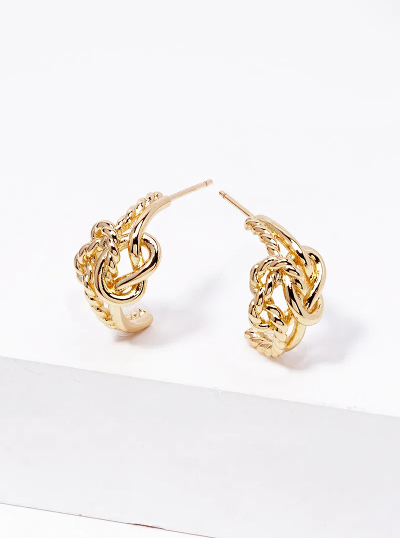 White Gold Dipped Textured Metal Love Knot 15mm Open Hoop Earrings