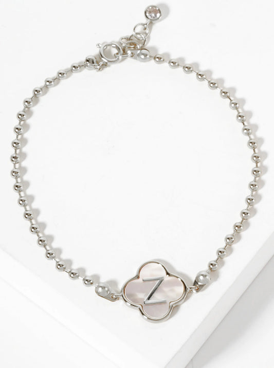 14mm 18K-Gold-Dipped Brass Mother-of-Pearl Quatrefoil Initial Monogram Ball-Chain Bracelet