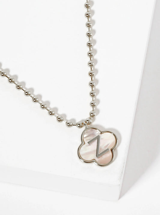 14mm 18K-Gold-Dipped Brass Mother-of-Pearl Quatrefoil Initial Monogram Ball-Chain Necklace