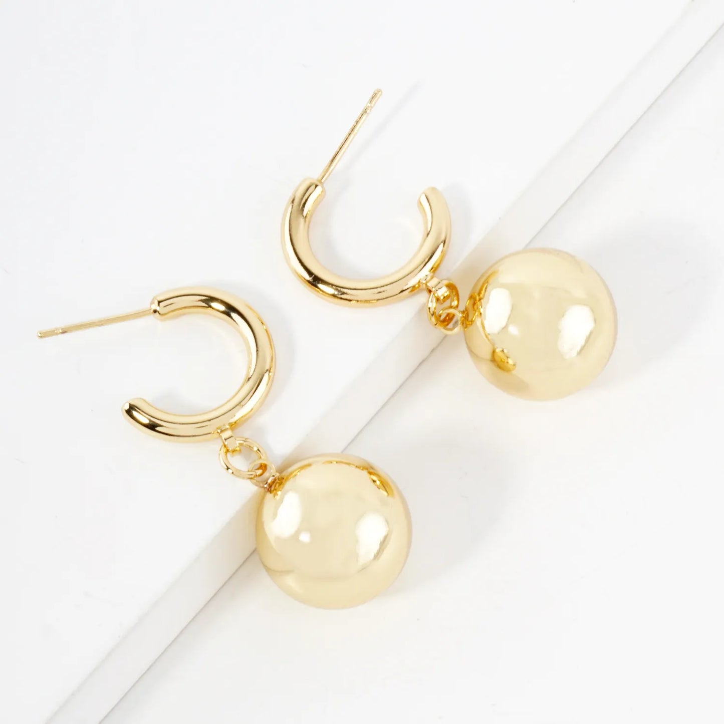 14mm Brass Ball Drop 15mm 14K-Gold-Dipped Hoop Earrings