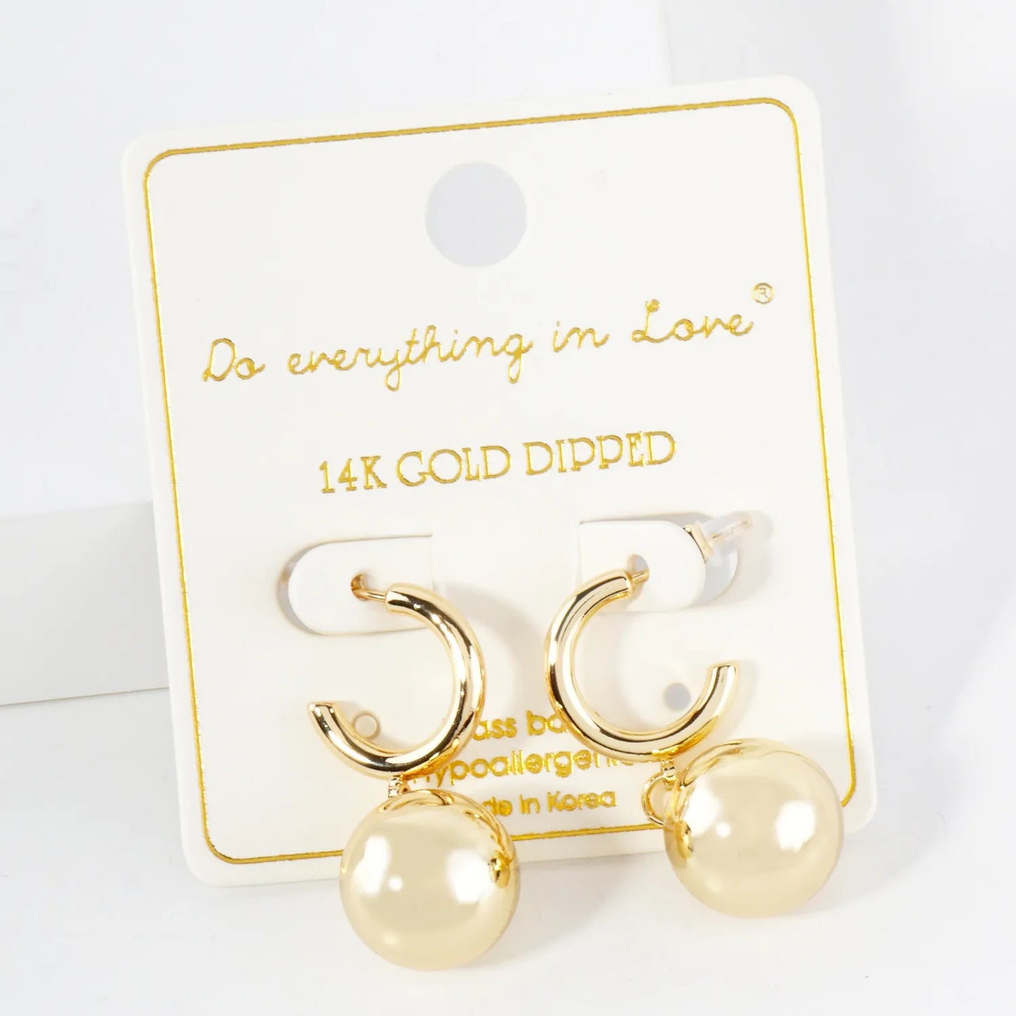 14mm Brass Ball Drop 15mm 14K-Gold-Dipped Hoop Earrings