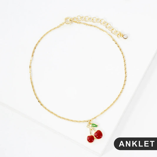 14mm Enamel Cherry Charm 18K-Gold-Dipped Brass Anklet
