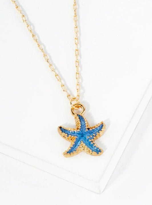 15mm Enamel Starfish Pendant 16-Inch Sea-Life Necklace