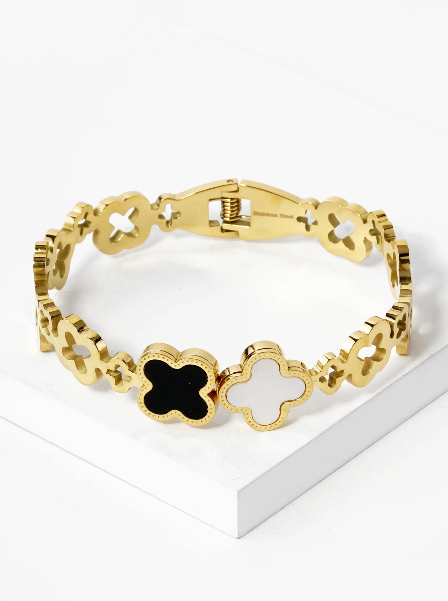 15mm MOP Quatrefoil Accent 10mm Thick Cutout Open Bangle Bracelet