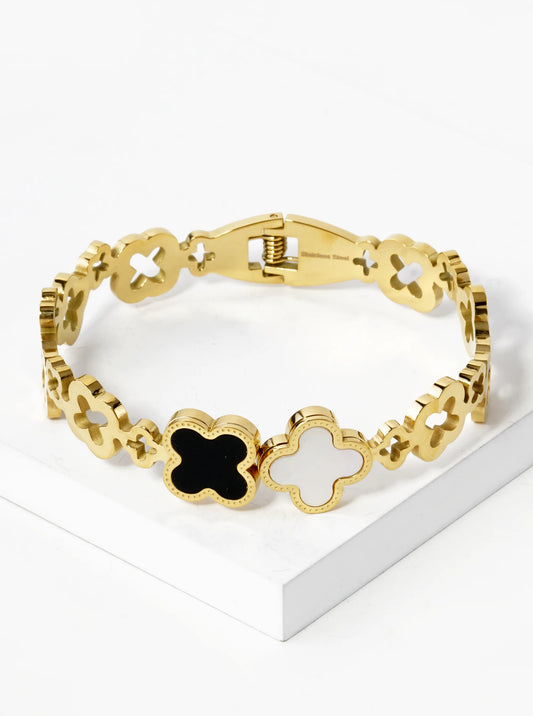 15mm MOP Quatrefoil Accent 10mm Thick Cutout Open Bangle Bracelet