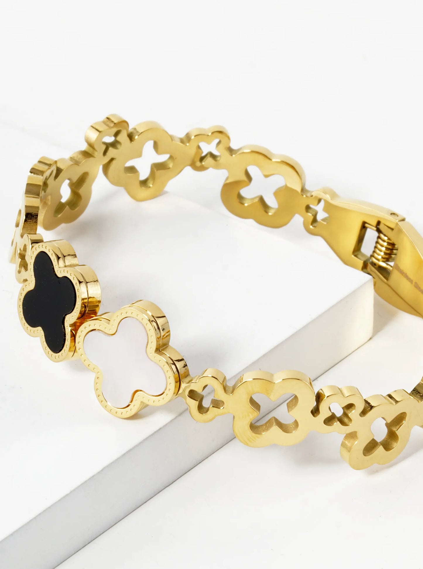 15mm MOP Quatrefoil Accent 10mm Thick Cutout Open Bangle Bracelet