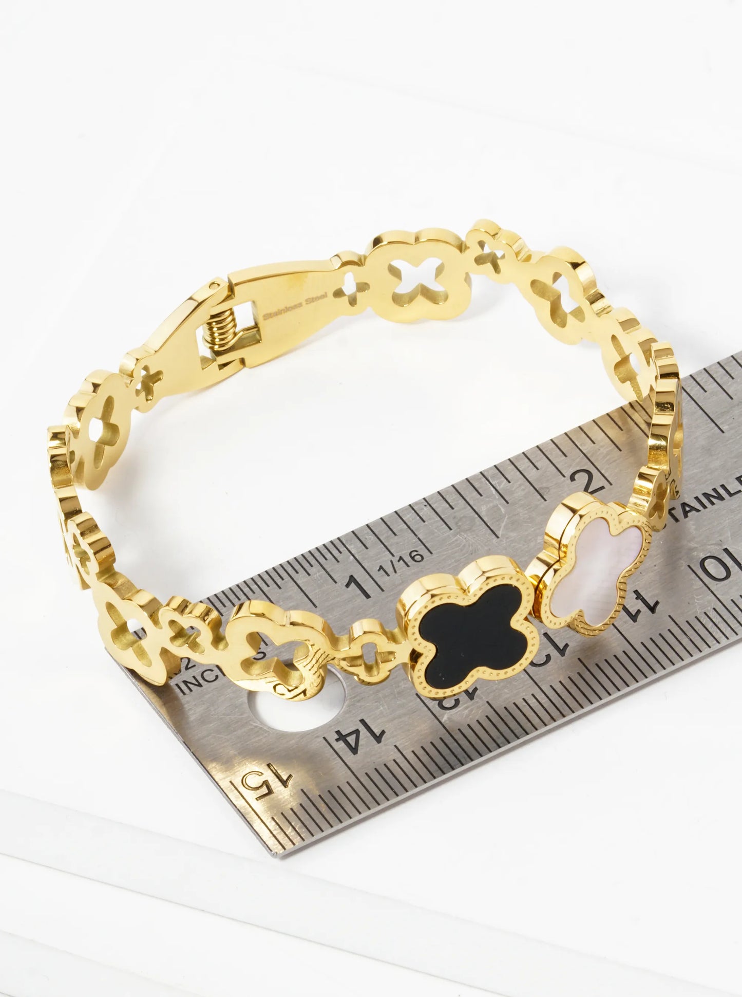 15mm MOP Quatrefoil Accent 10mm Thick Cutout Open Bangle Bracelet