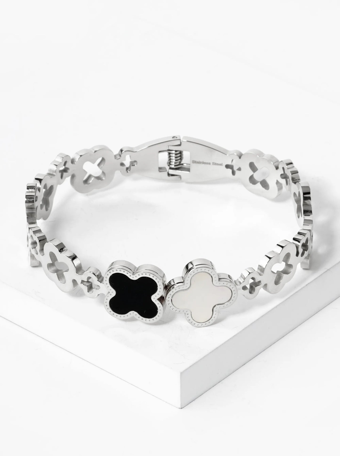 15mm MOP Quatrefoil Accent 10mm Thick Cutout Open Bangle Bracelet