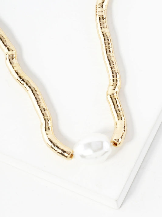 15mm Oval Pearl-Bead Accents Polished Metal Beaded 17-Inch Necklace