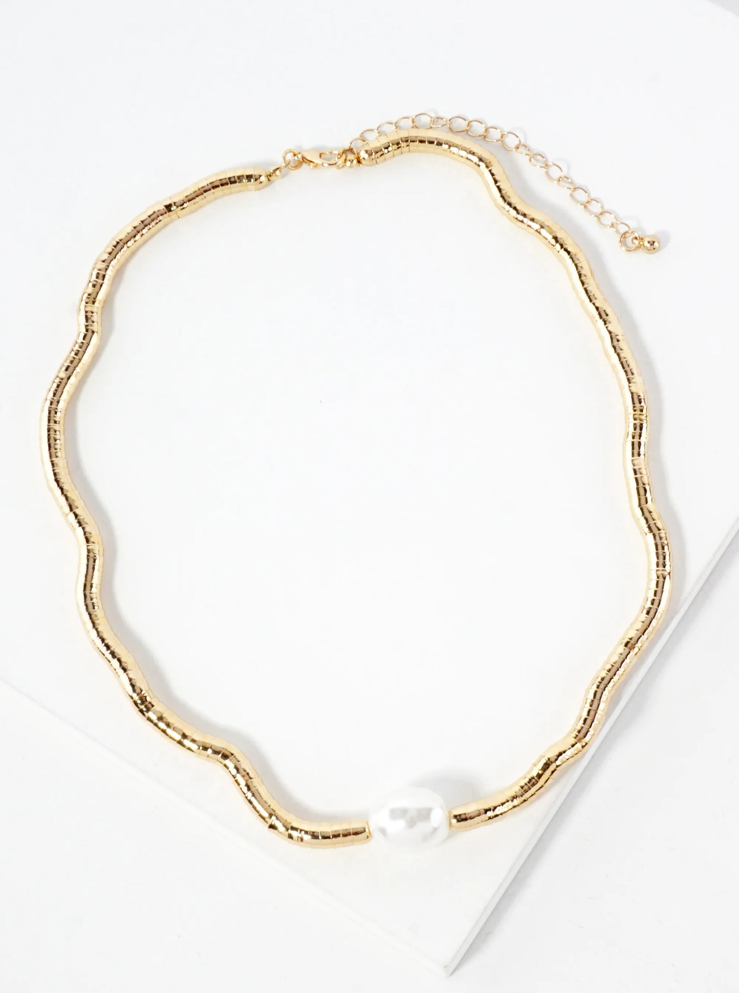 15mm Oval Pearl-Bead Accents Polished Metal Beaded 17-Inch Necklace