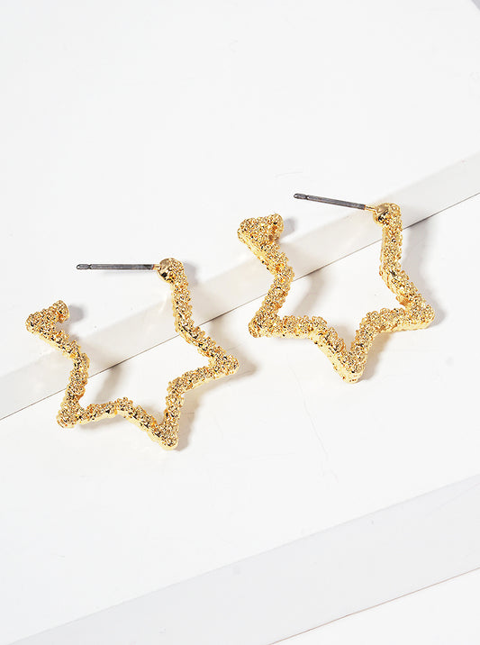 15mm Textured Metal Star Open Hoop Earrings