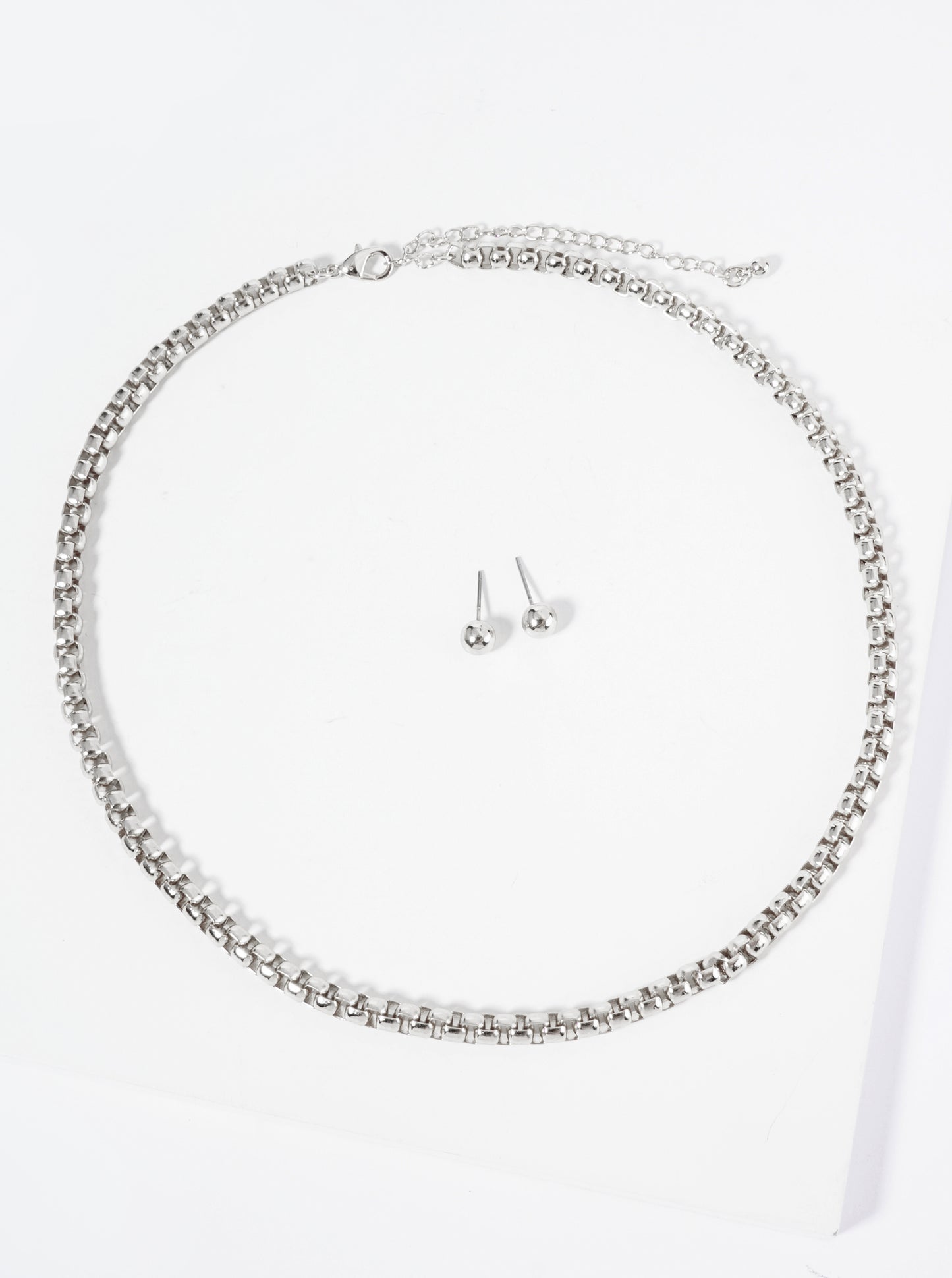 16 Inch Round Box Chain Necklace Set With Earrings