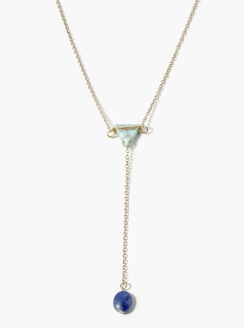 18 Inch Upside Down Triangle And Oval Semiprecious Stone Drop Necklace